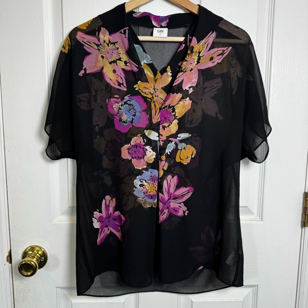 CAbi Sheer Floral Blouse S Black Pink Boho Romantic Chiffon Going Out Top